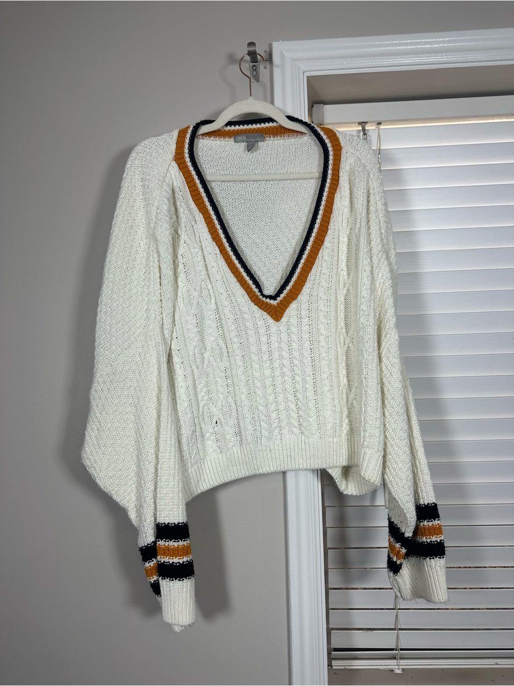 ASOS Cream V-Neck Cable Knit Sweater with Mustard & Black Trim